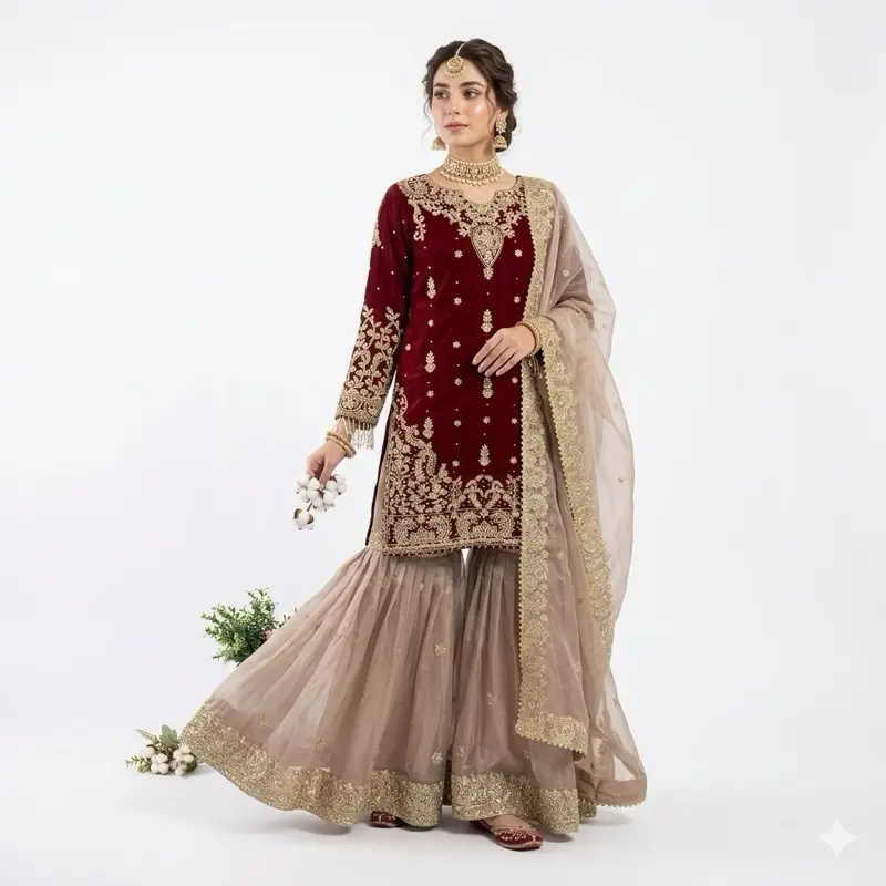 Women's Gharara Suit Set, Elegant Embellished Indian Party Wear, Formal Evening Attire for a Glamorous Look
