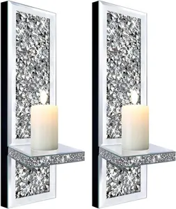 Set of 2 Crystal Crush Diamond Candle Sconces, Gorgeous Silver Mirrored Wall Sconce, Candle Holder Glass Wall Decorations