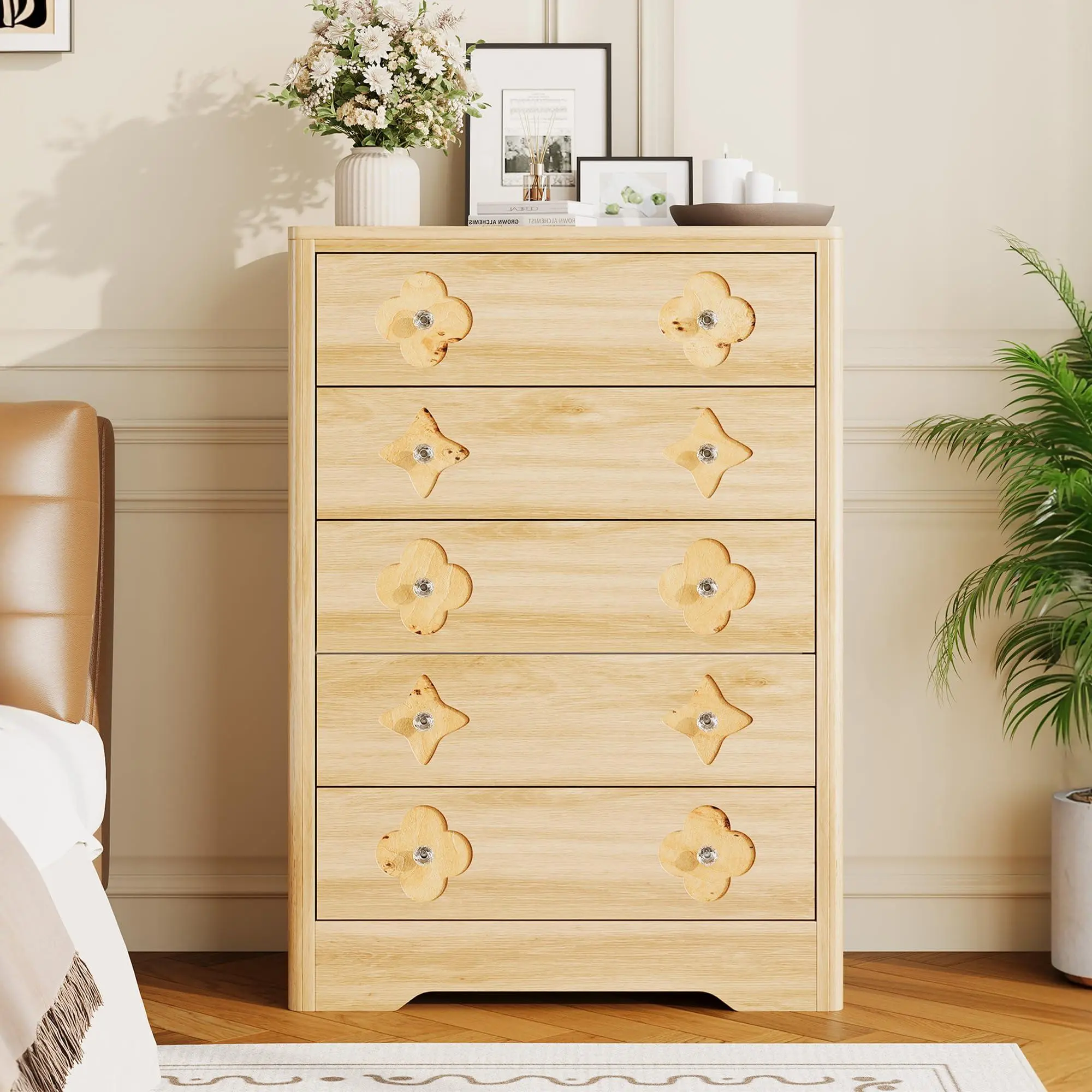 46.1" Tall 5 Drawer Wood Dresser with Decorative Fronts & Crystal Knobs, Narrow Storage Chest