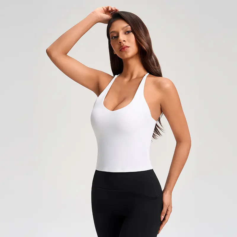 Women's Crisscross Back Yoga Tank Top, Buttery Soft Double Brushed Slim Fit Camisole with Removable Pads, 4-Way Stretch Breathable Workout Shirt for Gym Yoga Pilates Running Loungewear