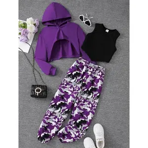 Three-Piece Set for Girls, Solid Color Asymmetric Hem Short Hoodie, Short Vest, Camouflage Print Elastic Waist Sweatpants Set, Casual Drop Shoulder Hoodie, Short Vest, Jogging Pants, Suitable for Spring and Autumn, Children's Daily Wear