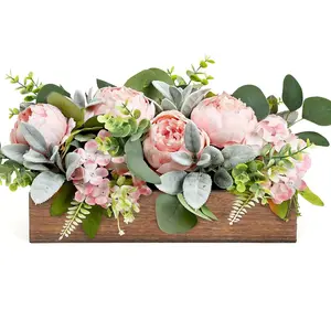 Pink Flower Centerpieces for Table, Pre-Made Artificial Peony Hydrangea Centerpieces for Dining Table Wood Fake Flowers Decorations for Wedding Living Room Party Bar Kitchen Table