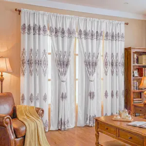4-Panel Luxury Double Layer Damask Embroidery Curtains, 52"x84" with Waterfall Valance & Rod Pocket, Floral Motif Decorative Textile Accessory for Living Rooms, Bedrooms QF01, Floral Motif Curtains