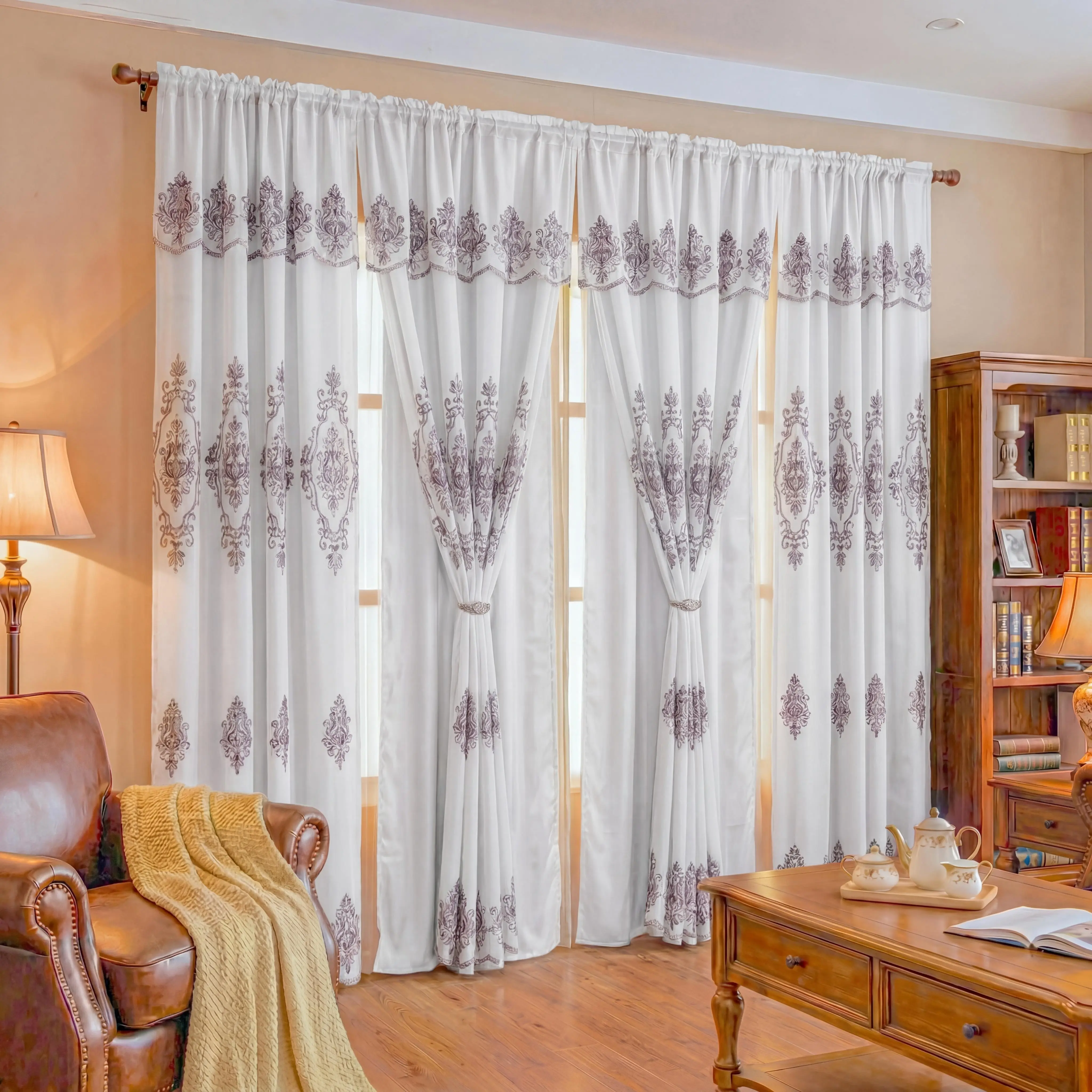 4-Panel Luxury Double Layer Damask Embroidery Curtains, 52"x84" with Waterfall Valance & Rod Pocket, Floral Motif Decorative Textile Accessory for Living Rooms, Bedrooms QF01, Floral Motif Curtains