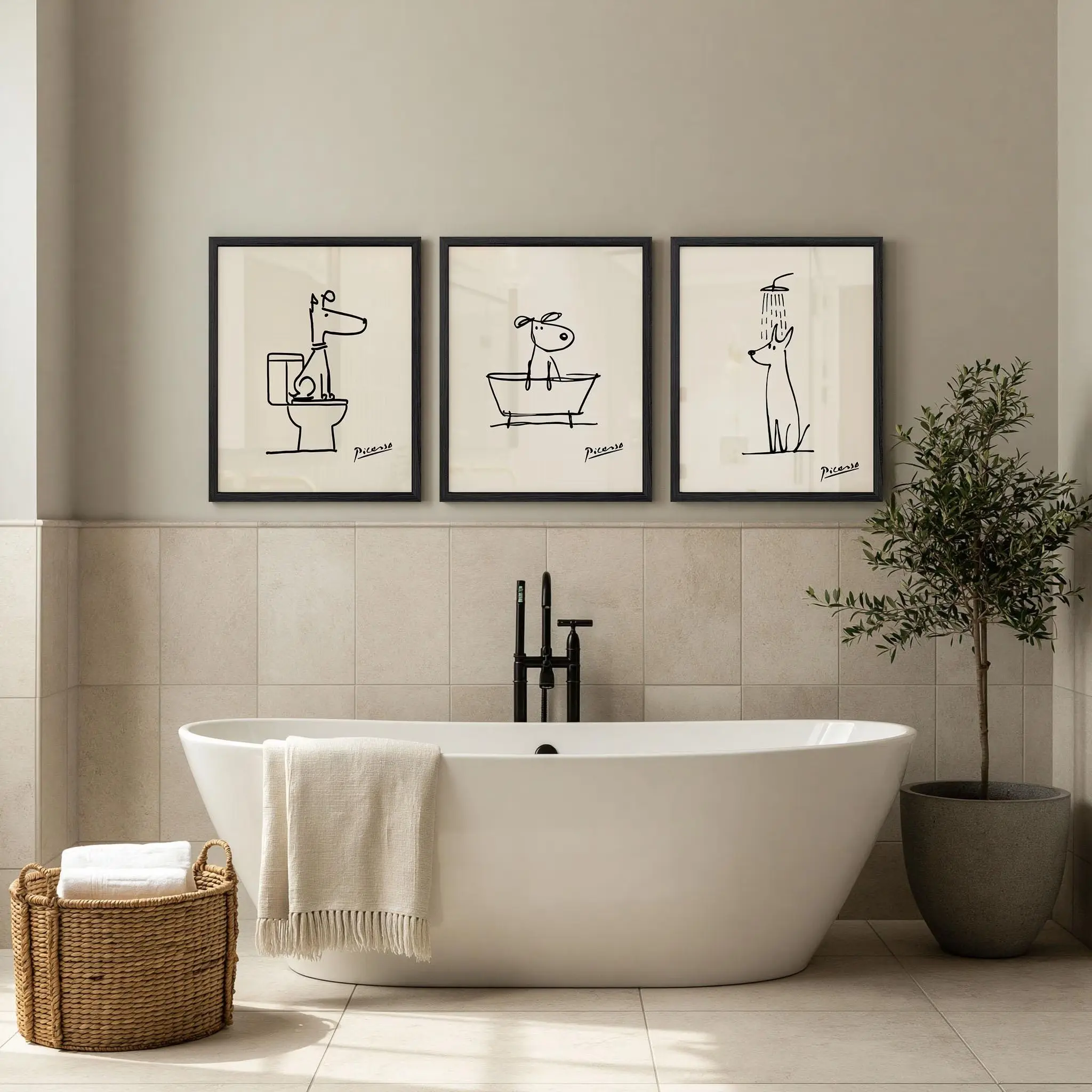 Set of 3 Dog Bathroom Wall Art Prints, Minimalist Picasso Bathroom Decor Posters