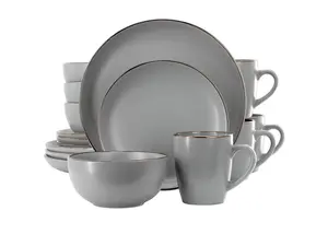 Gibson Home Rockaway 16 Piece Gold Rimmed Dinnerware Set in Grey