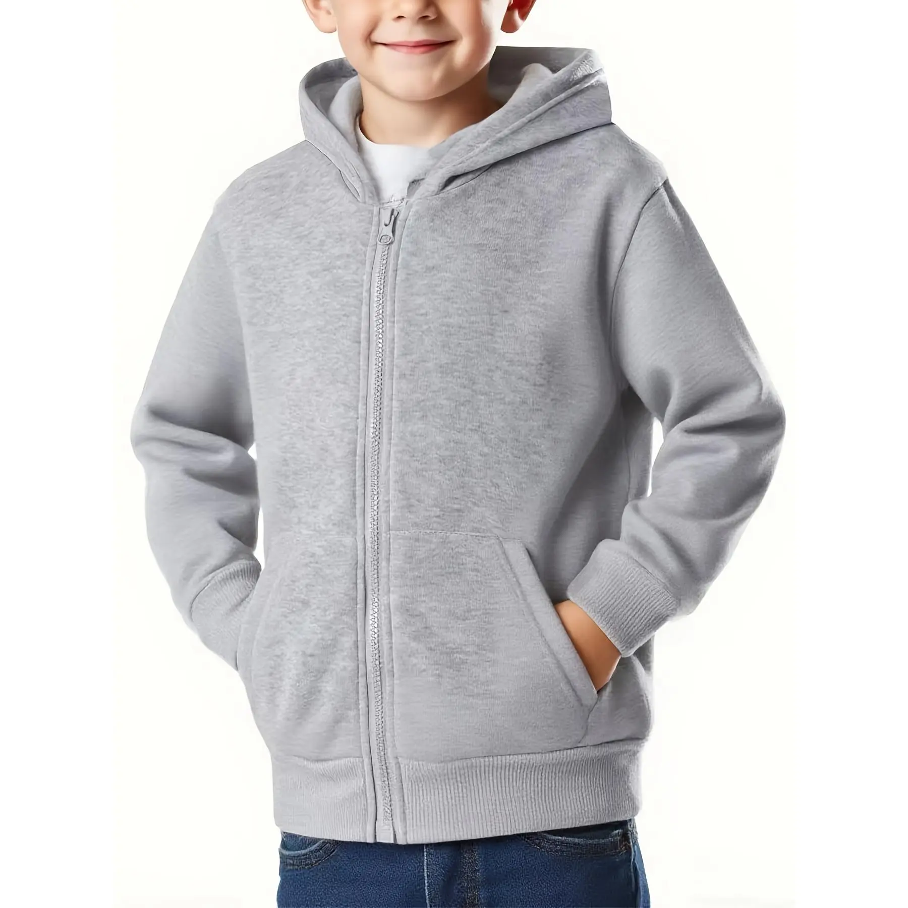 (New) Boys' Polyester Light Grey Full-Zip Hooded Jacket - Long Sleeve, Pockets, Soft, Regular Fit, Slight Stretch, Basic - for 5-6y,7-8y,11-12y,13y Outdoor Activities, Casual Wear, Knit, Knit Fabric, Full Zipper, No, Long Sleeve Shirt