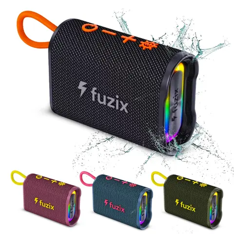 Fuzix Aquabeat Mini Multifunctional Portable Bluetooth Subwoofer Speaker - Lightweight, Hiking/Light Outdoor Ready, Type-C/Mini USB Rechargeable, TWS Stereo, RGB LED Lights, MicroSD, USB, FM Radio, Weatherproof, Multiple Connections, Hands-Free Capability