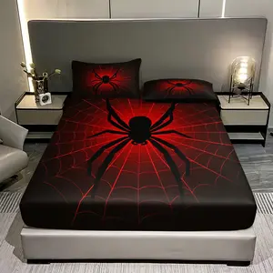 3pc Red and Black Spiderweb Fitted Sheet Set, 25cm deep pockets, includes 1 fitted sheet and 2 pillowcases, available in single, double, and king sizes, a perfect holiday gift for friends, suitable for bedrooms, guest rooms, dormitories, and hotels