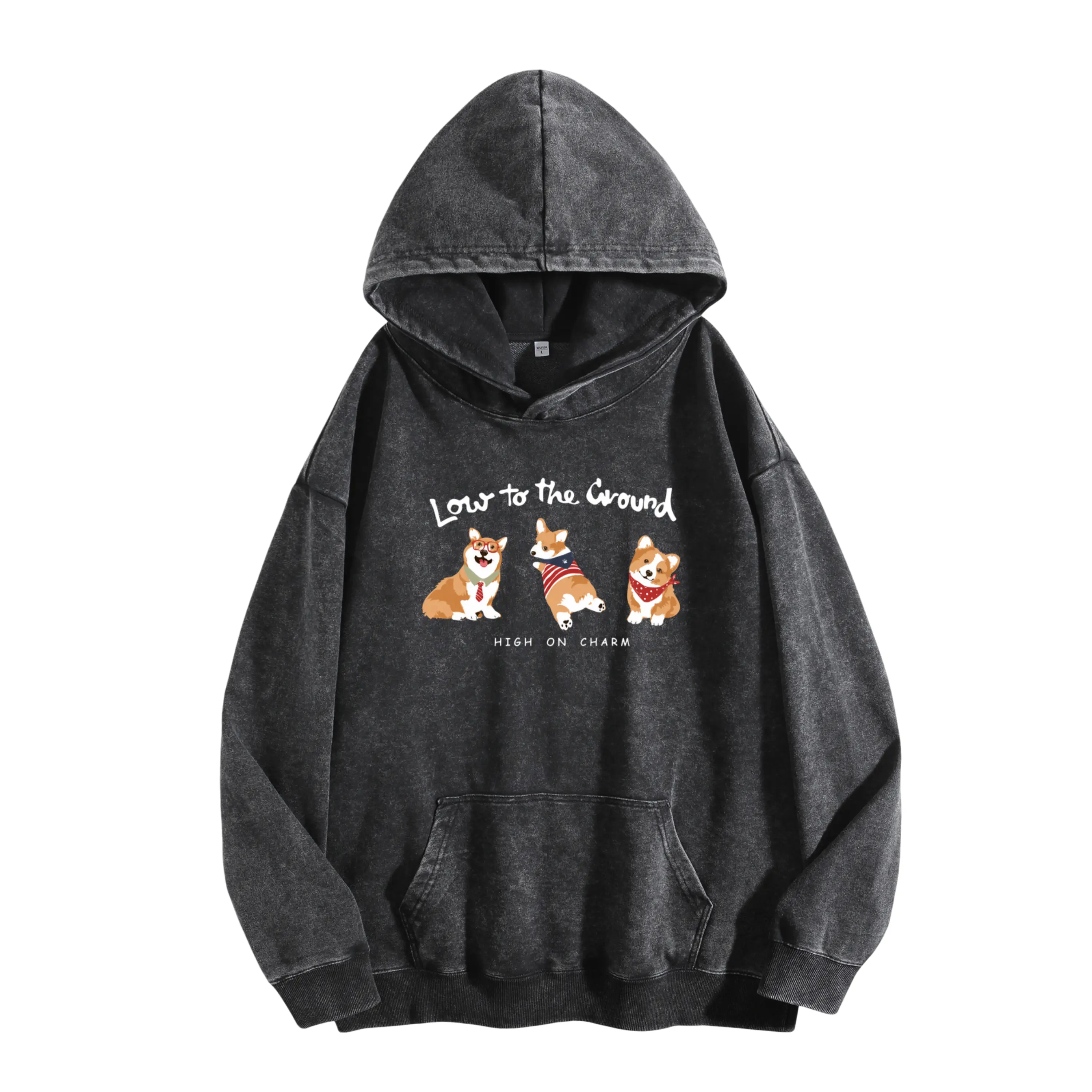 Summer Washed Hoodie with Adorable Corgi Print – Women's Contrast Sleeve, Casual Round Neck Top Perfect for Urban Festive Parties and Everyday Fresh Style Cotton Fabric