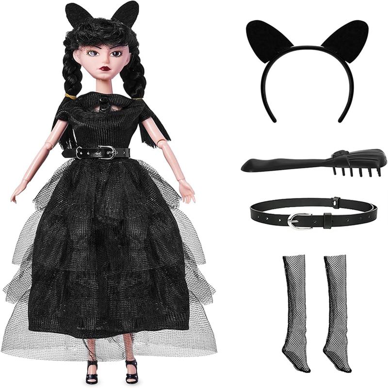 11.5 inch Wednesday Doll, Soft Body, Black Hair, Black Heels, Dress & Accessories