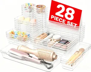 28-Piece Clear Drawer Organizer Set | Stackable Plastic Storage Bins for Makeup, Office & Bathroom Vanity | 5 Versatile Sizes