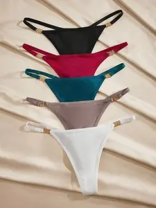 5Pcs Women's Ring Connected Thong, Fashionable Low-Rise Seamless Panties, Everyday Sexy Underwear