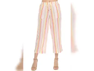 Women's Casual Beach Resort Wear Capri Pants Pinstripe Print with Drawstring Waist Linen Blend