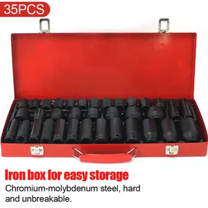 35pcs 1/2 Inch Drive Deep Impact Socket Tool Set Metric Garage Workshop Tools,Heavy Duty Impact Socket Set with Portable Case, Red