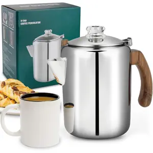 Coffee Percolator Pot Stainless Steel Coffee Maker with Tough Glass Knob & Fireproof Solid  Handle & Drip-Free Spout Camping Coffee Pot Using on any Stovetop NO  NO Plastic (8 Cup)