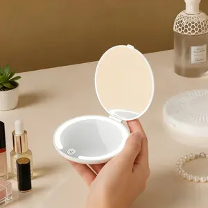 【Mosnami 】Portable Folding Makeup Mirror with LED Light, 360° Rotation Compact Mirror for Travel Touch-Ups, Rechargeable Pocket-Sized Design for Women & Girls