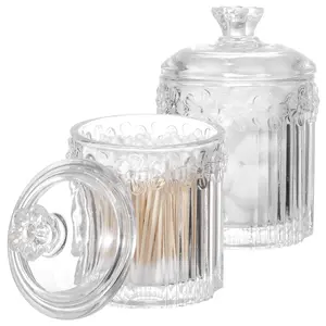 2 Pack Qtip Holder Glass Apothecary Jars with Lids Bathroom Accessories Vanity Organizers and Makeup Storage Canister for Cotton Ball, Cotton Swab, Floss, Candy Bottle Light