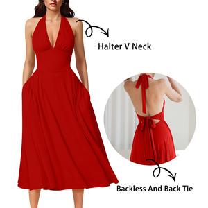 OYS Women's Sexy Halter V Neck Backless Sleeveless A-Line Flowy Midi Dress With Pockets & Back Tie Design