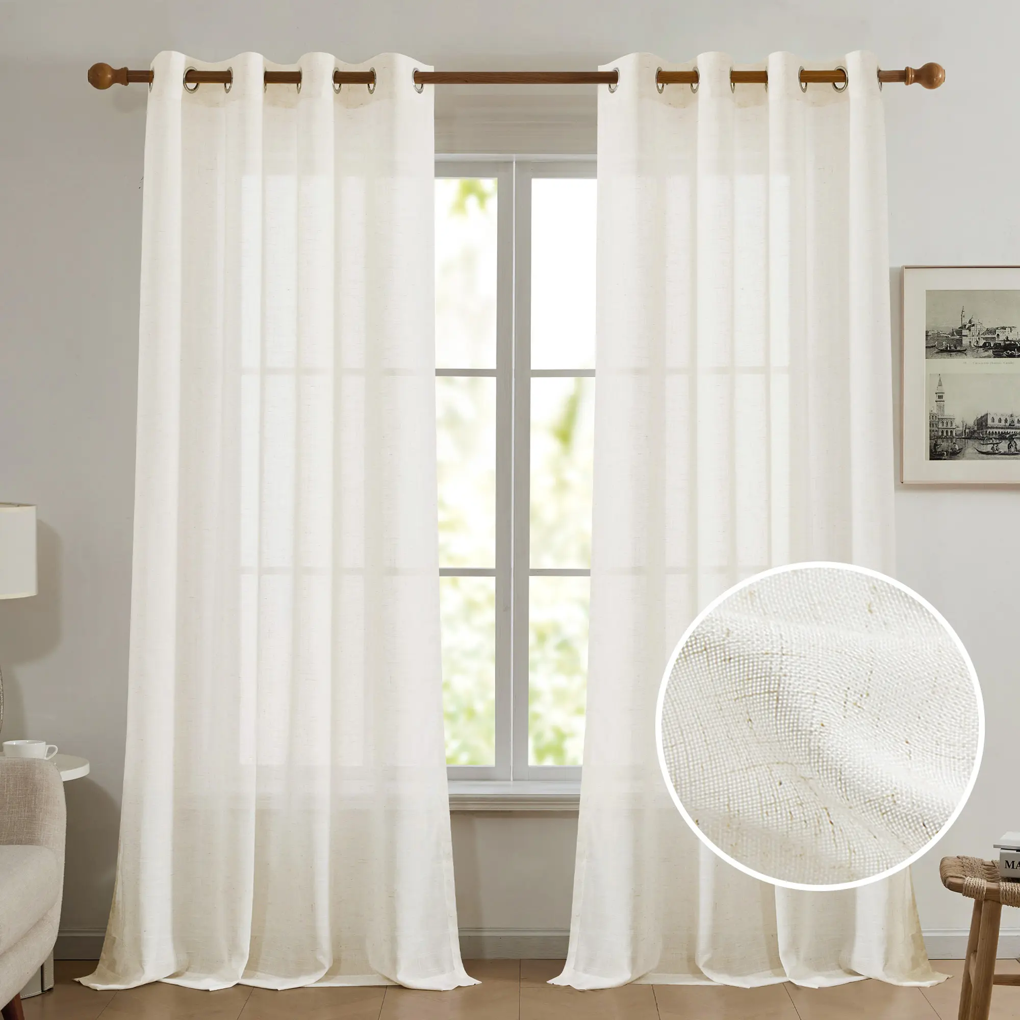 Deconovo Slub Faux Linen Sheer Curtains – Light Filtering Solid Drapes with 8 White Grommets for Living Room"