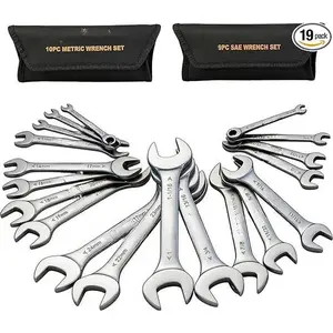 Thin Open End Wrench Set, Bike Wrench Set with Rolling Pouch, 19-Piece SAE & Metric, Stainless Steel, 1/4" to 1-1/16" & 5.5mm to 27mm for Mechanics, Gift, Spring Glow Up