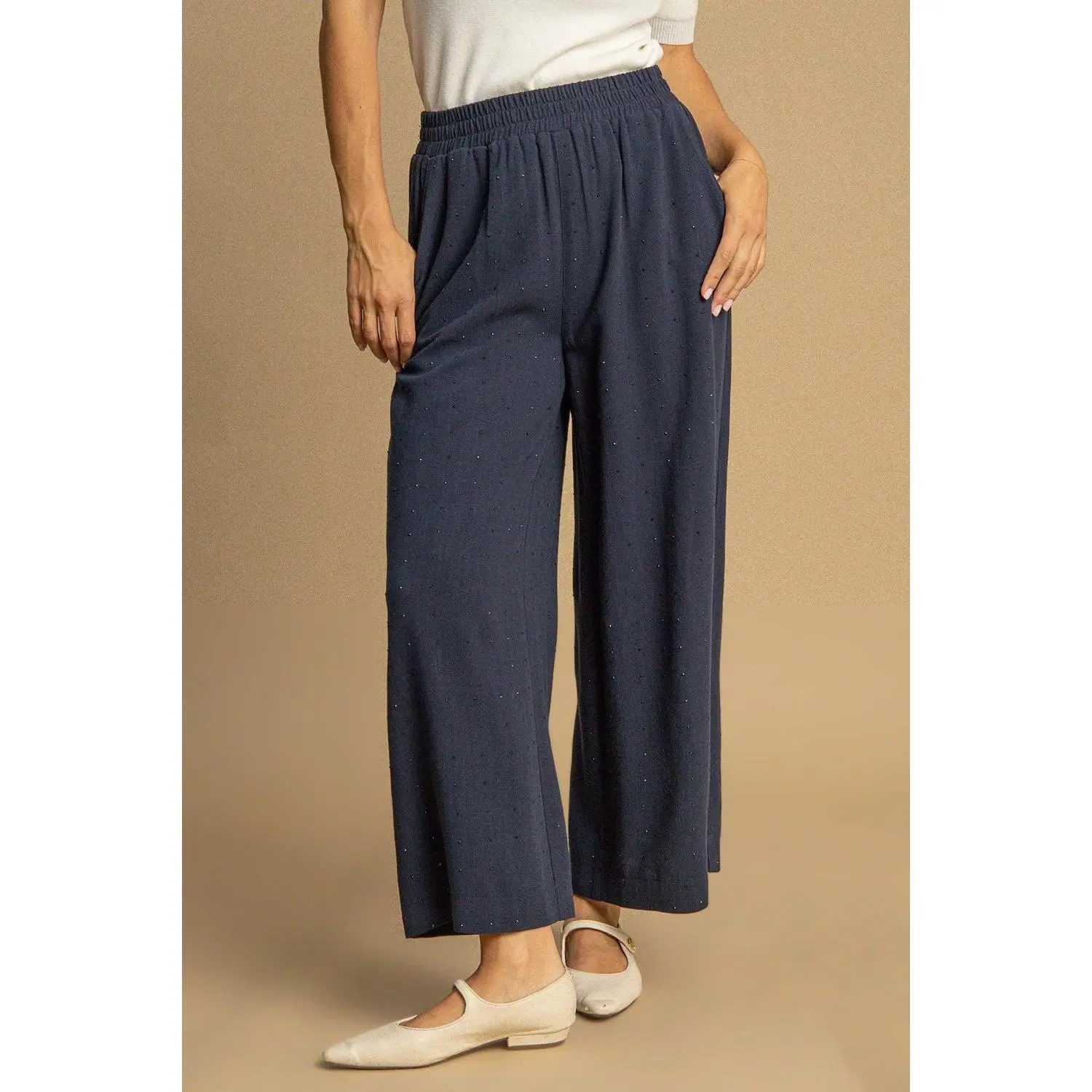 Umgee Full Size High Waisted Embellished Linen Pants Plus Size
