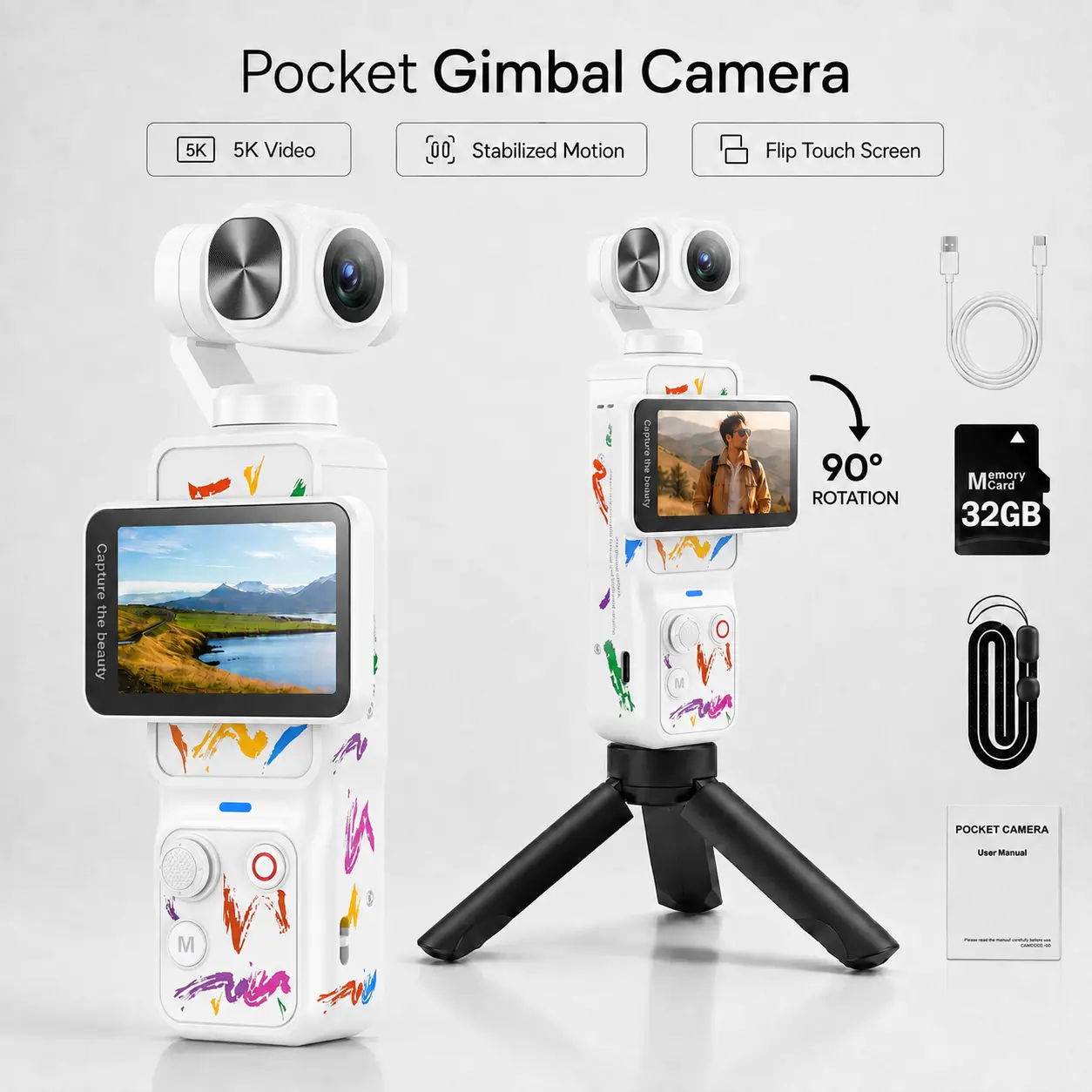 W&O 5K Vlogging Camera with Rotating Touchscreen, Digital Camera with WiFi Transfer , 13MP Camera with Face Tracking, 2-Axis Pan Tilt Gimbal,  WiFi App, Small Camera for Photography, Travel & Beginner Creators