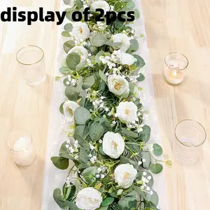 2 Piece Set 13 Foot Artificial Plastic Eucalyptus Wreath with Champagne Roses, Fake Rose Plant Garland Vine for Wedding Home Party Table Decor
