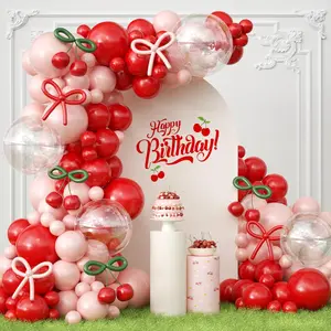 184 Piece Red Pink Balloon Arch Set with Long Clear Balloons for Cherry Theme Party Decor