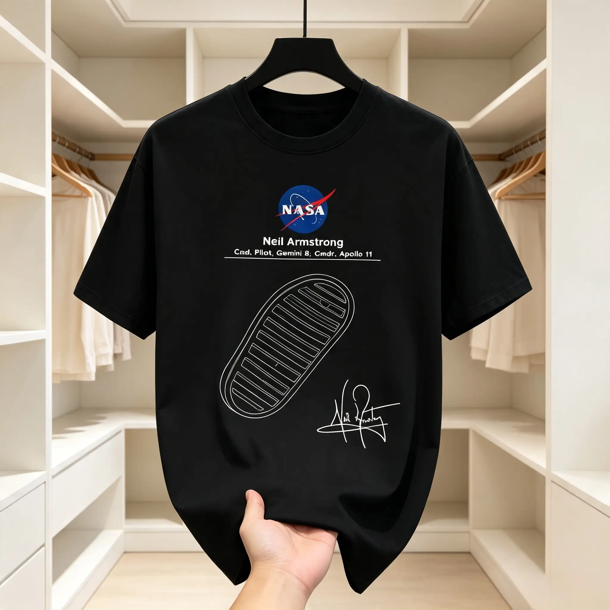 Men's Short-Sleeve Round Neck Unisex Neil Armstrong Apollo 11 Moon Landing Commemorative T-Shirt - Simple Menswear Cotton Tee with Vintage Space Astronaut Footprint Graphic, Pairable with Jeans for Space History Enthusiasts