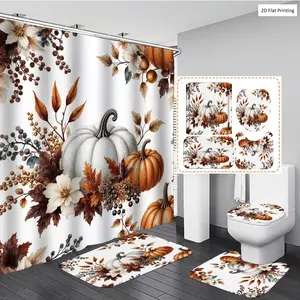 1/3/4PCS Thanksgiving Rustic Style with Pumpkins Flowers and Leaves Shower Curtain Set with Rugs, Non Slip Bath Mat, U-Shape Carpet, Toilet Lid Cover, Polyester Fabric Bathtub Curtain Accessories, 12 Hooks, Home Bathroom Festival Decor