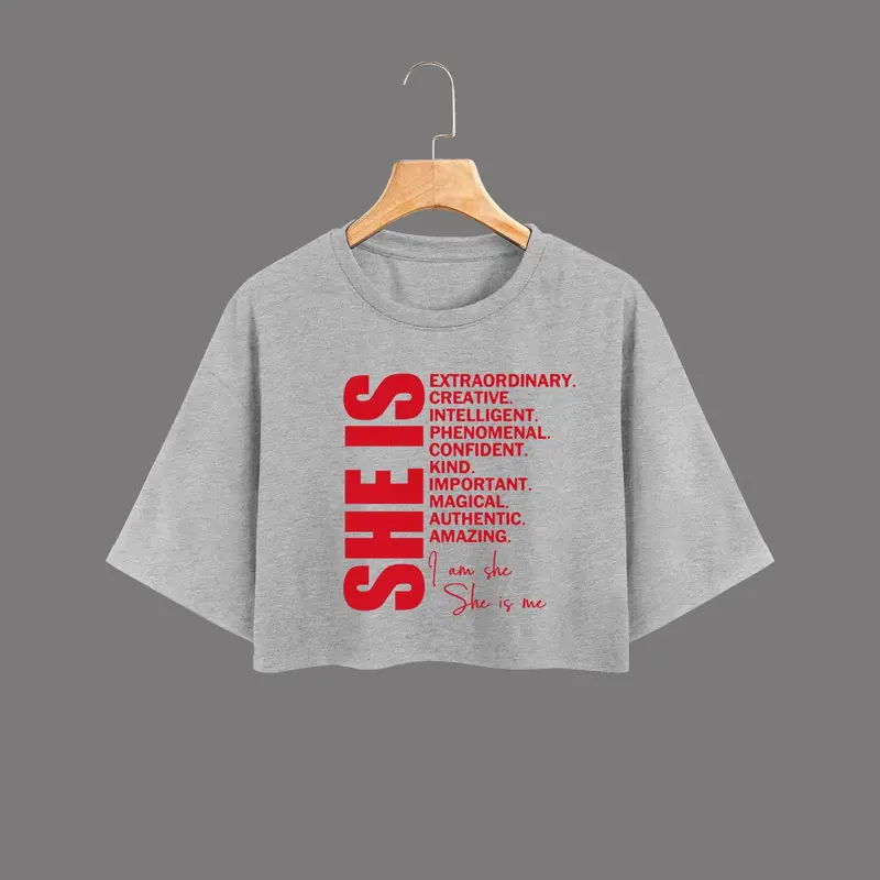 Women's Rose Floral & Letter Print Round Neck Crop Tee, Vintage Trendy Casual Short Sleeve T-shirt for Daily Wear, Ladies Summer, Womenswear Top, Casual Comfy Tee, Casual Basic Tee, Casual Cropped Tee, Casual Tee Tops