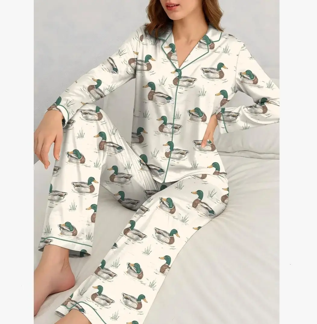 [Youth & Adult] Bundle Duck Camo Hunting Satin Pajama Short and Long Set for Women and Kids, Vintage Camo Satin Premium Sleepwear Loungewear, Camo Gift for Her, Casual Womenswear