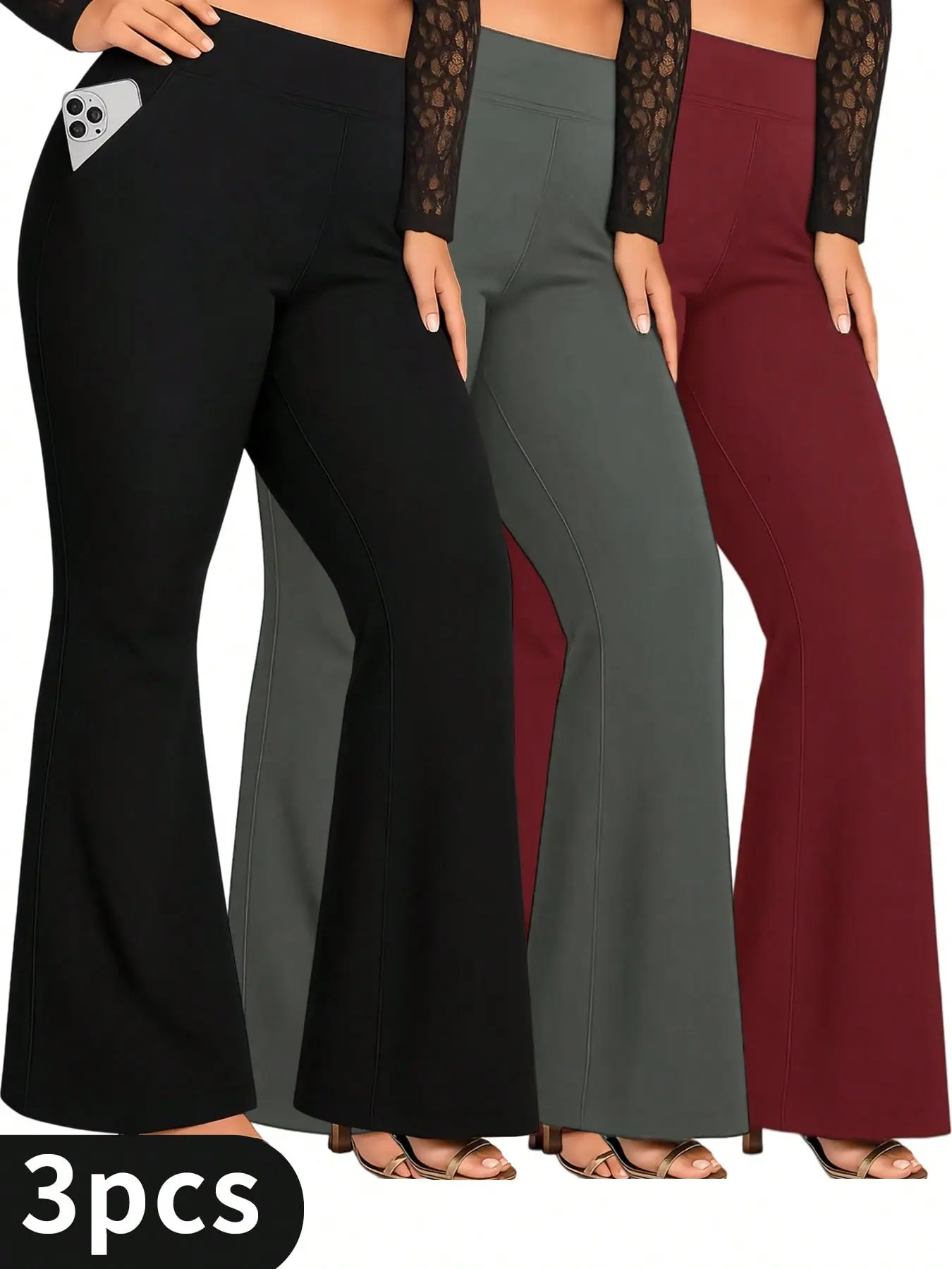 3pcs Fashionable Workwear Style Bell Bottoms, Women Casual Bell Bottoms, High Waist Pocket, Work Style Pants, Quick-Drying Tummy Control Butt Lifting Trousers Flare Leggings