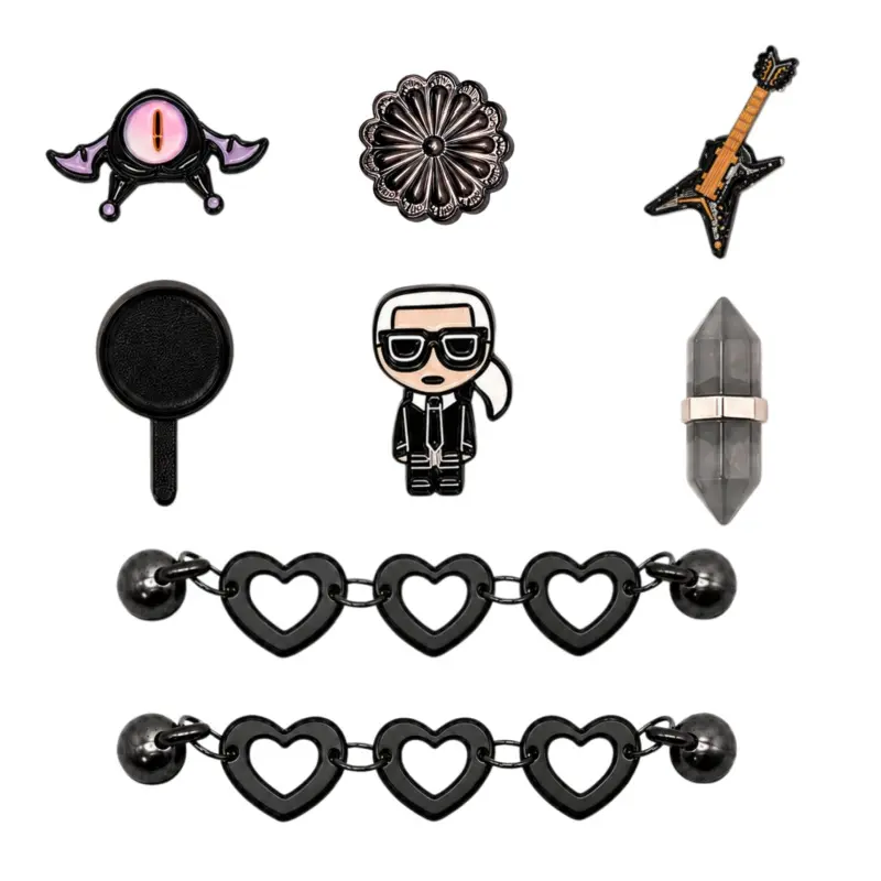 8PCS Gothic Shoe Charms Set for Clogs, Black Y2K Shoe Decoration Charms with 2 Heart Chains, Bat Eye, Guitar, Crystal, Flower and Figure Charms, Dark Resin Shoe Accessories for Women Girls