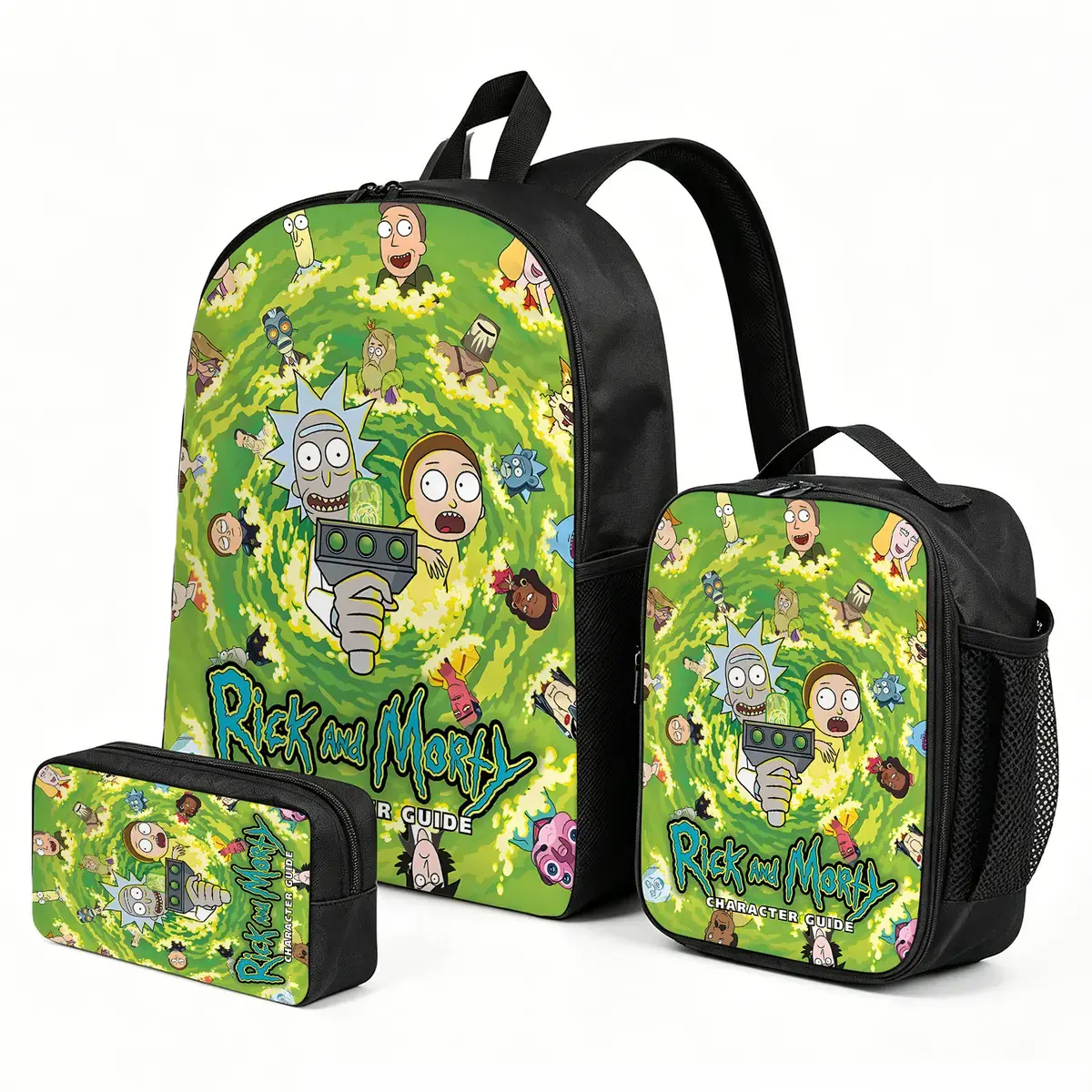 Rick-and-Morty Cartoon Lightweight Back to School Backpack with Matching Lunch Pouch, 3pcs Holiday Set for Elementary School Girls, Functional Stationary Bag, Print Daypack, Back To School Haul, Graphic