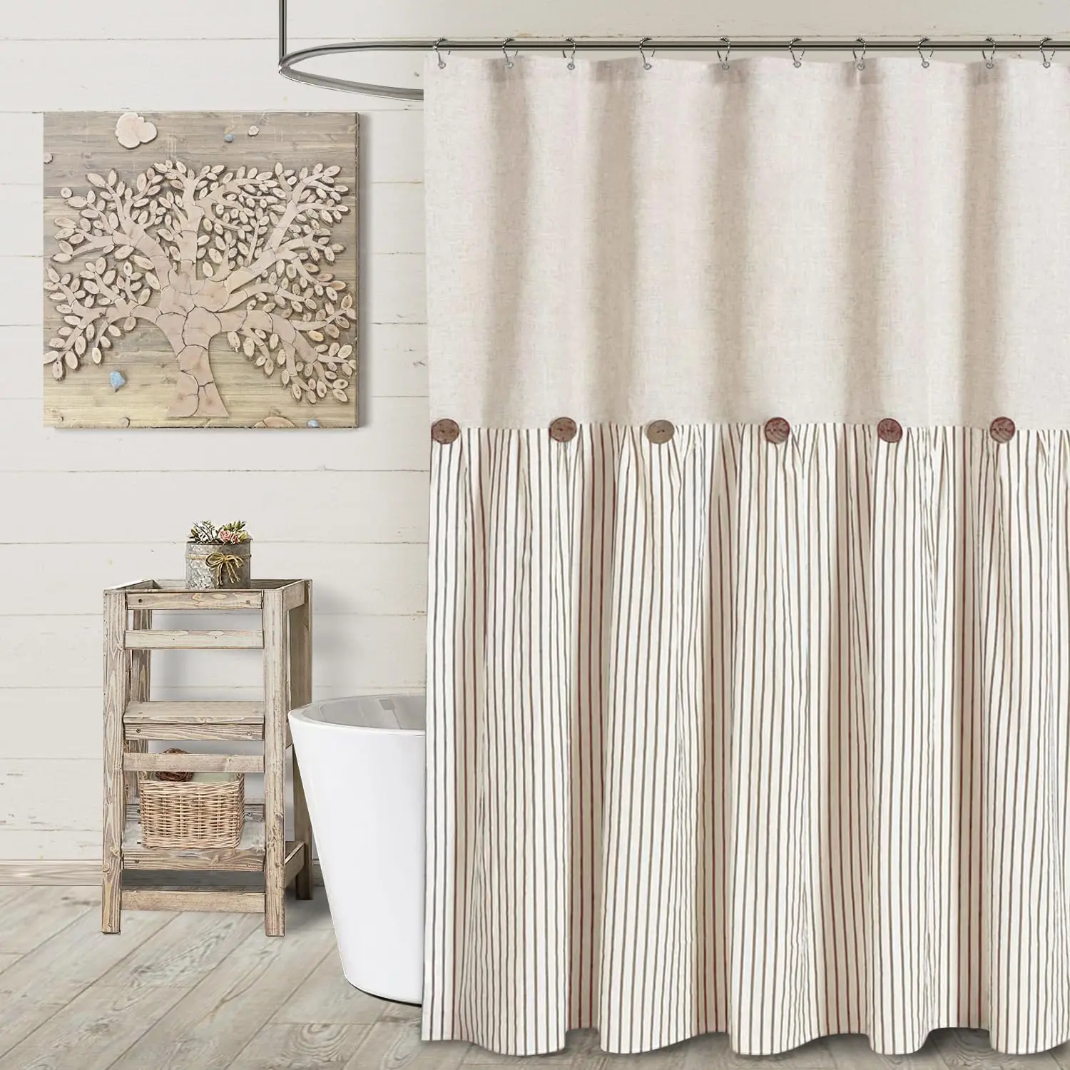 Beige Shower Curtain with Linen Buttons, 72x72 Inch, Woven Linen and Cotton Fabric with Pleated Brown Stripes, Country Style