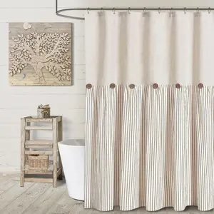 Beige Shower Curtain with Linen Buttons, 72x72 Inch, Woven Linen and Cotton Fabric with Pleated Brown Stripes, Country Style