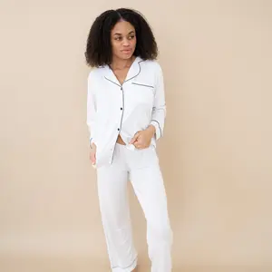 Women's Long Sleeve Pajama Set in Snow with Midnight Trim