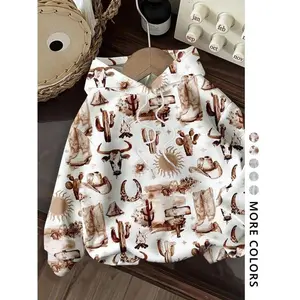 Retro Western Cowboy Pattern, Back to School Pattern Hoodie, Fitted Casual Style, Autumn/Winter, No CA Proposition 65