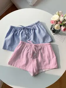2 Pack Women Casual Lounge Shorts, Striped & Solid Adjustable Drawstring Elastic Waist Pajama Shorts, Soft Breathable Sleep Shorts, Summer Loungewear Bottoms, Loose Fit Sleepwear for Daily Wear, Home, Streetwear, Trendy Outfits Inspo