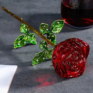 Romantic Crystal Red Rose Flower Figurines Ornament Glass Handicraft Eternal Flower wedding Anniversary Birthday Gift Home Decor