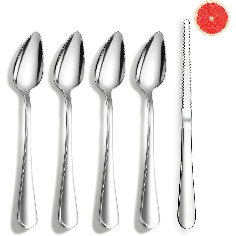 Grapefruit Spoons and Grapefruit Knife 5 Pieces, Stainless Steel Grapefruit Spoon Utensil Set, Serrated Edge Thick Handle Tool for Grapefruit, Kiwi, Apple, Citrus Fruit & Dessert
