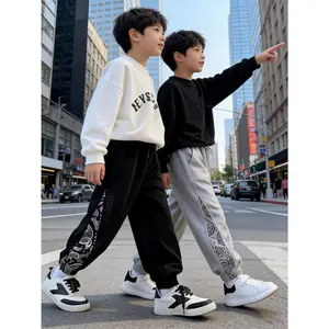 2026 New Boys' Active Jogger Pants 2-Pack |   Side Print Design, Daily Loose Minimalist Casual Pants, Plaid Pattern, Slight Stretch Fabric, Regular Fit, for Outdoor