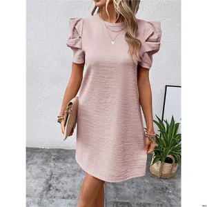 Dress Gigot Textured Color Solid Ladies Clasi tiktok Sleeves For Summer