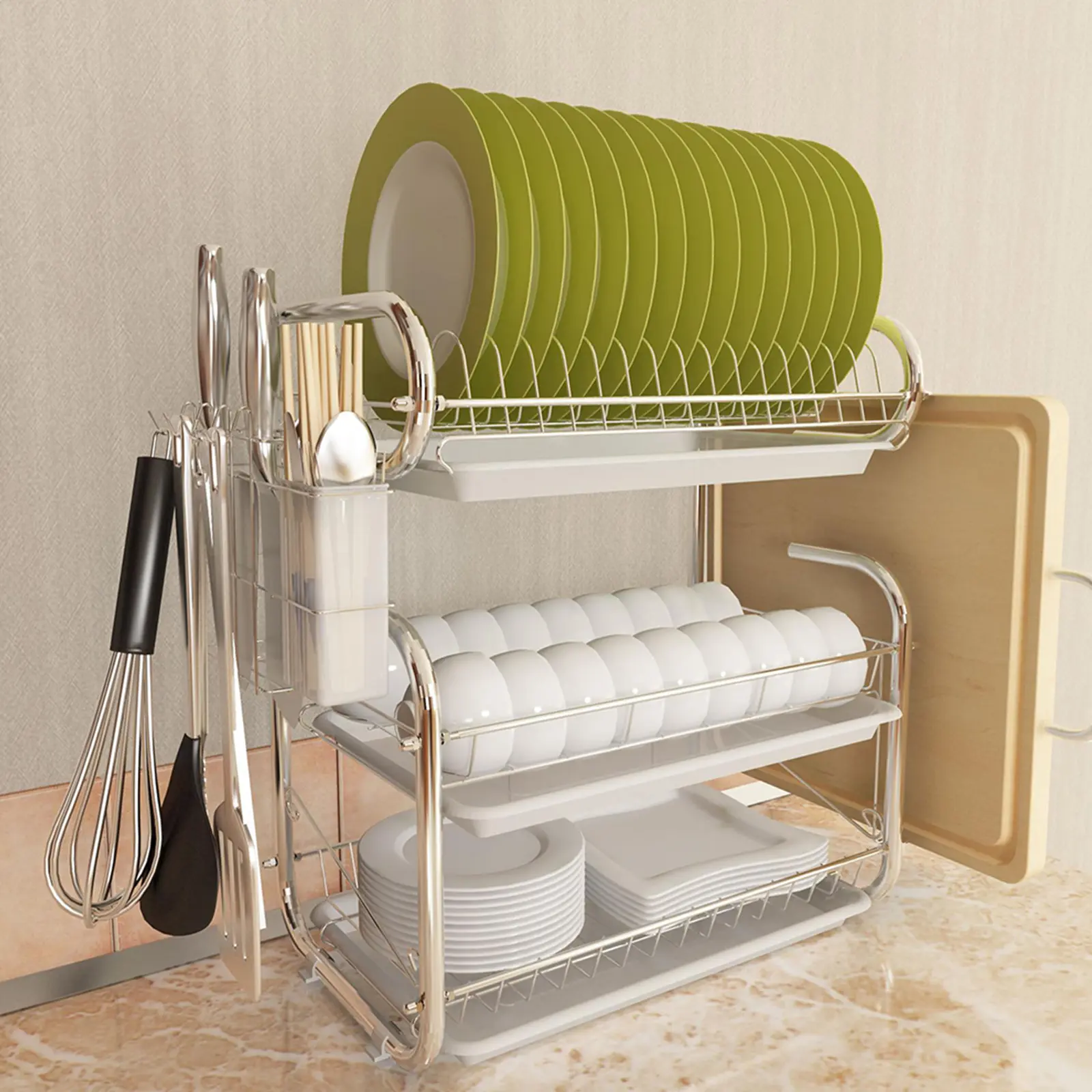 3-Layer Corrosion-Resistant Iron Rectangle Dish Drying Rack - Easy Installation Kitchen Countertop Organizer with Utensil Holder, Cutting Board Rack, All-Inclusive Drainage, 3-Piece Set for 15 Plates & Bowls (15.75in x9.84in x17.32in/400x250x440mm), Shelf