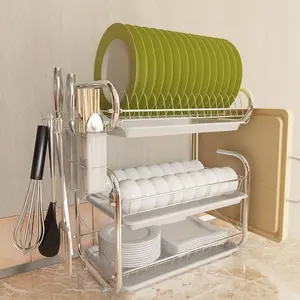 3-Tier Rust-Resistant Iron Rectangle Shelf Rack, Large Countertop Kitchen Organizer with Utensil Holder, 3-Piece Multifunctional Set for Bowls & Plates Storage