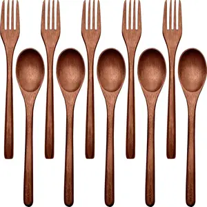 Patelai Wooden Utensil Set – 10 Pieces Natural Wood Spoon & Fork Set, Reusable Handmade Flatware for Cooking & Eating