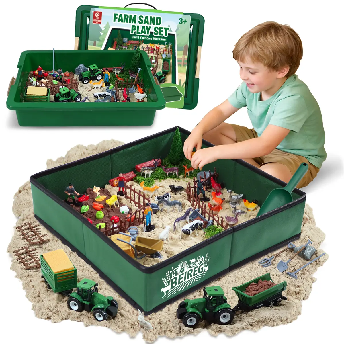 BEIREG Sensory Bin Sand Toy - Foldable Sandbox with Lid: Farm (2.2lb Sand, 70+ Accessories, Farm Figures, Animals, Tractor) or Dino (2.2lb Sand, 60+ Accessories, 11 Dino Figures, Volcano, Archaeology Tools)- Play Sand Kit for Kids Ages 3+
