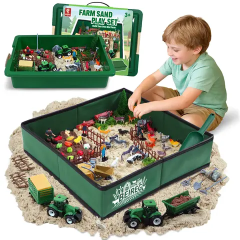 BEIREG Unisex Kids' Farm Theme Sensory Bin Sand Kit (Ages 3+), Plastic Foldable Sandbox with Lid, 2.2 lbs Play Sand, 70+ Accessories - Tool & Vegetable Kit, Authentic Farm Miniatures, Tractor, Figures, Animals for Children Development